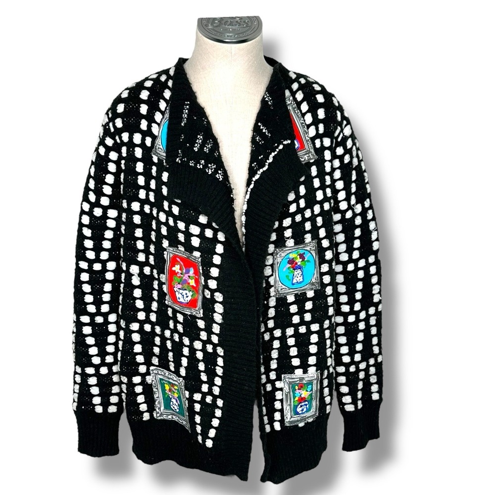 Vintage Sioni Open‎ Front Cardigan Art To Wear Sweater Black Colorful Womens M